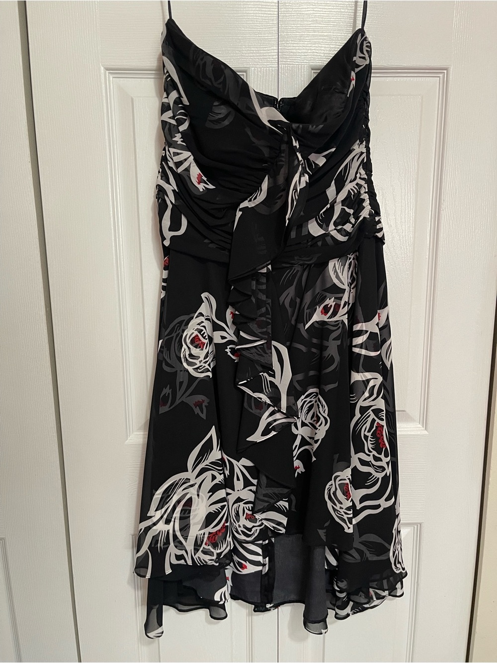 le chateau Black Strapless Floral Ruffle Dress with White and Red Accents